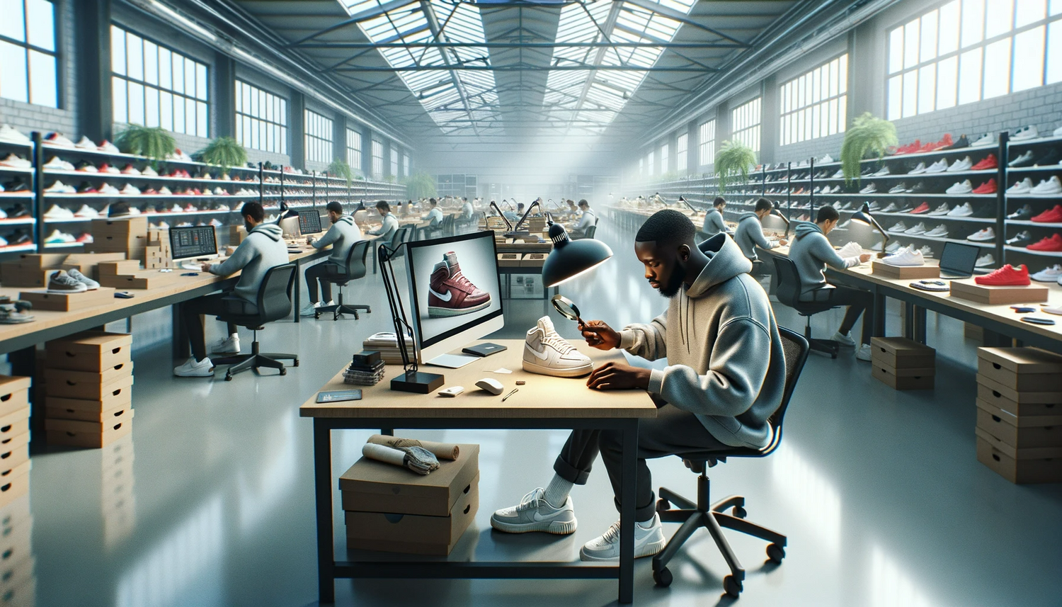 Warehouse with many people authenticating sneakers.